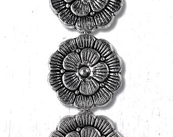 Metal flower spacer beads, floral beads for bracelets, alloy nature beads for jewelry, antique silver spacers 11x4 mm, 1.2mm hole, 20 pcs