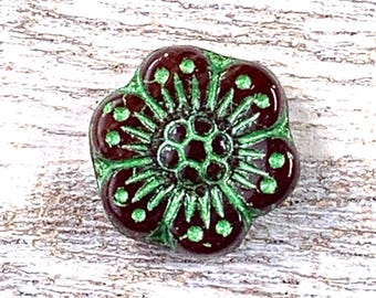 20 pcs Czech glass brown with green wash flower beads, 13.5mm boho floral beads for jewelry, wild rose beads, anemone flower (A0062)