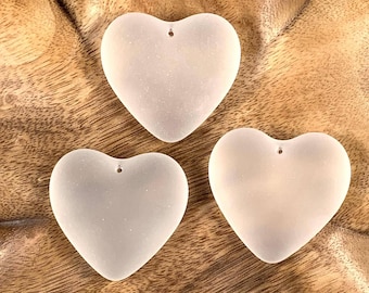 3 sea glass style heart pendants, 40x38mm tumbled frosted glass charm, big pendants for rearview mirror charms (C0137)