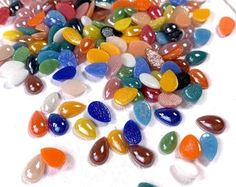 200 pcs porcelain glass teardrop cabochons, ~8x5.5mm tiny opaque glass tapered ovals, assorted colors flat back, undrilled cabs (B0080)