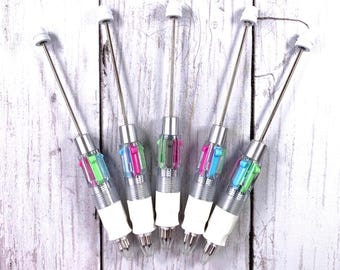 5 beadable blank ballpoint pens, DIY beadable pens with 4 ink colors, add a bead design your own pen, DIY party favors, fun coworker gifts