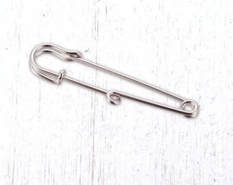 Set of 10 kilt pins with 1 loop, 55mm/2.1" silver colored safety pins, add a charm, DIY brooches, scarf pins, bridal bouquet charms (L0311)
