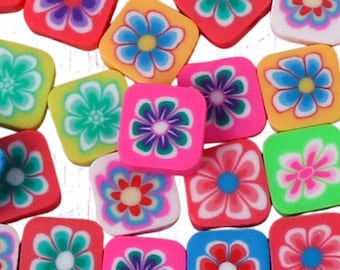 20 floral square beads, polymer clay, ~9.5x9.5mm with 1.5mm hole, assorted bright colors (C0126)