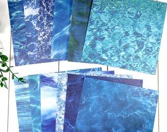 Water scrapbook paper bundle, realistic water ripple, foam, textures, background paper for junk journals, cards, 12 designs, 24 6x6" sheets