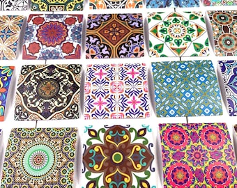 50 mini tile stickers, 1.75" Moroccan style patterned square stickers, colorful boho accents for cards, scrapbooks, junk journals, laptop