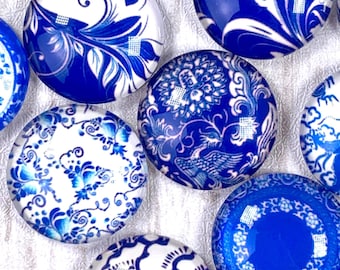 20 blue and white printed glass cabochons for jewelry, assorted 20mm printed flat back cabochon for earrings, crafts (B0092)