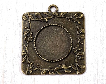 5 square cabochon pendant blanks, bronze leafy vine tray for DIY jewelry, bezel settings for bouquet charms, 40mm, 20mm tray (B0098)