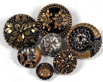 Vintage Czech glass button, Art Nouveau-inspired style pressed glass button with floral designs, black, gold and/or silver finish options