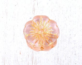 20 pcs glass hibiscus flower beads, light pink with gold wash, 14mm boho floral beads for jewelry, Hawaiian flower (A0004)