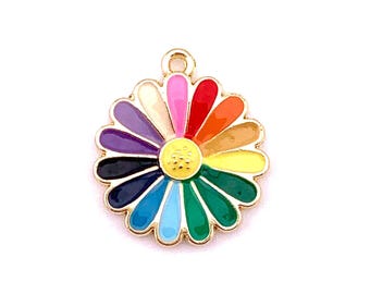 Rainbow daisy charms, 10 pcs, 20.5x18mm alloy flower charm with multicolor petals and golden finish, colorful pendants for jewelry