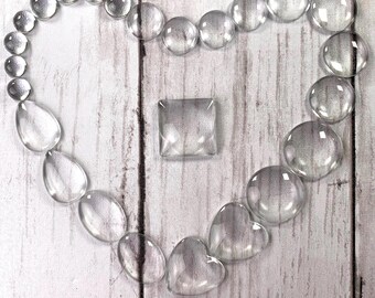 Clear glass cabochons, glass on glass mosaic supplies, cabochons for pendants, assorted size and shape glass cabochon set, DIY gifts 130 pcs