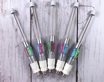 5 beadable blank ballpoint pens, DIY beadable pens with 4 ink colors, add a bead design your own pen, DIY party favors, fun coworker gifts