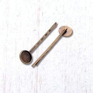 Antique bronze bobby pins with round 12mm cab trays, 10 pcs, 60mm/2.3", hair accessory findings for DIY gifts (B0101)