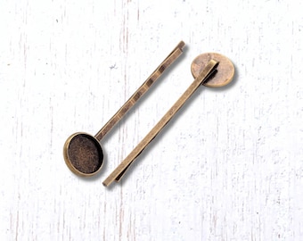 Antique bronze bobby pins with round 12mm cab trays, 10 pcs, 60mm/2.3", hair accessory findings for DIY gifts (B0101)
