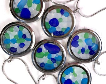 Sea glass necklace, floating locket pendant with sea glass style stones, 26" stainless steel chain, beachy jewelry for ocean lover