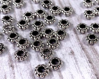 Daisy metal spacer beads, 6mm large 2.5mm hole spacer beads for beadable blanks and jewelry, antique silver colored metal flower, 100 pcs
