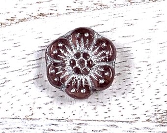 20 pcs Czech glass amethyst with silver wash flower beads, 13.5mm boho floral beads for jewelry, wild rose beads, anemone flower (A0062)