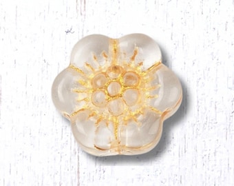 Glass flower beads with gold wash, 20 pcs, 14x4.5mm clear with gold anemone beads, wild rose beads for jewelry (A0001)