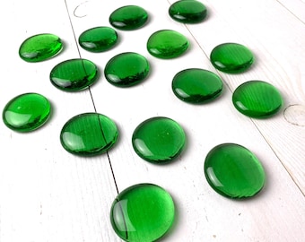 Large green glass gems, 15 pcs approx. 28mm flat back marbles, mosaic glass cabochons, glass globs for stained glass, vase filler, crafts