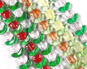 29 pcs glass tulip and 29 glass leaf beads for jewelry, floral painted beads for bracelets, springtime floral jewelry (A0064/0068)