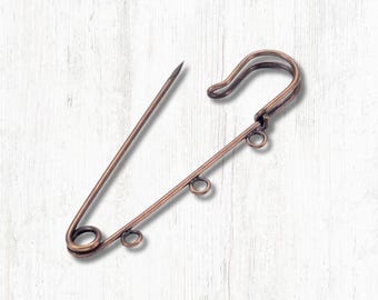 Set of 10 kilt pins with 3 loops, large 70mm/2.75" bronze colored safety pins for DIY brooches, beaded scarf pins, bridal bouquet charms