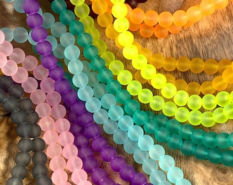 Frosted glass beads for crafting, 8mm, approx. 98 pcs, round cultured sea glass for jewelry making, beading rosaries, keychains, bookmarks