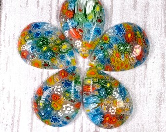 Millefiori glass large teardrop flower cabochons, glass craft supply, colorful jewelry making undrilled beads, Murano glass cabochons, 5 pcs