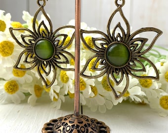 Boho antique bronze flower earrings with cat eye glass stones, mandala style sun earrings with kidney ear wires, 2.5" length, color options