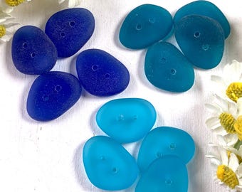 4 sea glass buttons, cultured beach-style matte finish glass, approx 17-20mm two-hole buttons for mosaics, button art, sewing, and jewelry