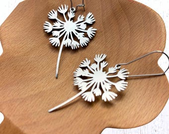 Dandelion dangle earrings, gold or silver finish, minimalist floral style, stainless steel charm and ear wires, 2.5" length