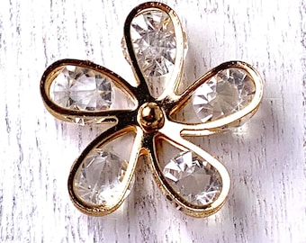 5 golden metal flower accents w/ glass rhinestones, 26mm/1" cabochon, floral embellishments for jewelry, multimedia art, sun catchers