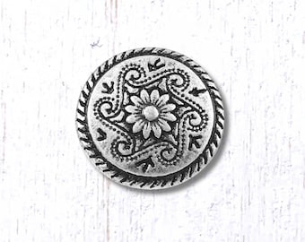 Metal floral buttons, 10 pcs, 14.8mm antique silver round with flower and scrolls, rope edge, shank button for leather jewelry (M0326/3)