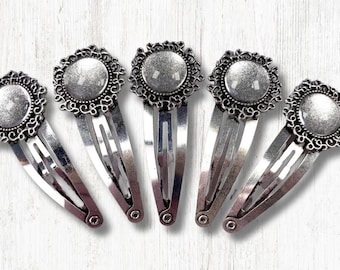 5 sets snap clip barrette with glass cabochons, DIY hair accessories, ladies craft night kit, antique silver with 14mm tray (B0090)