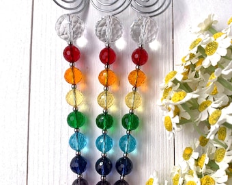 Set of 3 rainbow beaded plant stakes, 7 chakras crystal sun catcher for potted plants and vases, hand beaded plant accessory, great gift