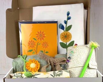 Blooming happiness gift bundle, hygge gift kit w/ floral motif, encouragement gift for friend, includes blanket, pillow cover, 8 items total