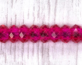 Large hole pink glass faceted beads, hot pink faceted no metal core for DIY fairy wand or garden stake, European glass sparkly beads 10 pc