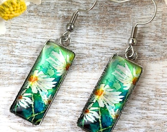 Glass daisy earrings, watercolor style daisies with glass dome, rectangular dangle, stainless steel ear wire, ~1.8" total length