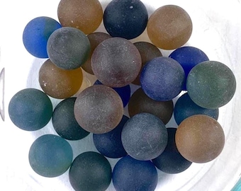 25 mixed sea glass marbles for crafting, approx. 1/2", tumbled glass vase filler, jewelry making, coastal decor, brown, blue, green (I0251)