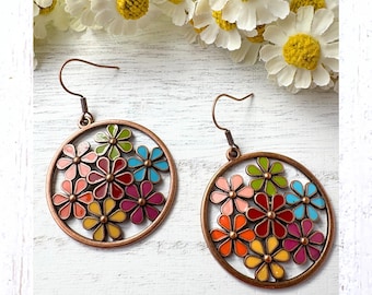 Boho antique copper daisy earrings, round with multicolor flowers, approx. 1.9" length