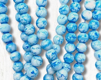 Blue and white glass marbled beads for jewelry, 8mm, 90pcs, two-tone opaque glass round beads for earrings, beachy ocean beads (A0051)