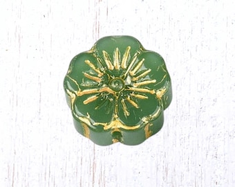 20 pcs glass hibiscus flower beads, jade green with gold wash, 14mm boho floral beads for jewelry, Hawaiian flower (A0004)