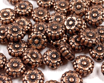 50 copper flat round daisy beads, 7mm alloy disc spacer beads with flower design for jewelry making, boho vintage style earring spacer beads