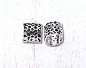 50 metal tube spacer beads w/ cutouts, 7.5x8mm column beads, 6.4mm hole, antique silver colored layering beads for jewelry (M0329/1)