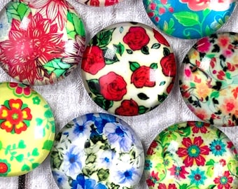 Assorted floral printed glass cabochons for jewelry, 20 pcs, mixed 20mm printed flat back cabochon for bezel trays, glass accents (B0091)