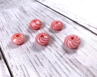 Red and white striped blown glass beads, hollow glass rondelle beads for necklaces, glass focal beads for earrings, double hole, 15mm, 5 pcs