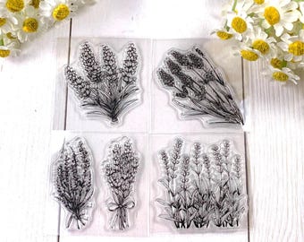 Floral stamp set, 5 silicone floral bundle stamps, lavender and other wildflower bouquets, for scrapbooking, planner, junk journal, cards