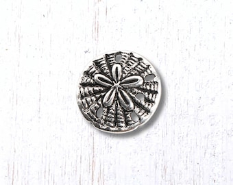 Metal sand dollar buttons, 10 pcs, 18.5mm antique silver with shell pattern, shank button for clasps, leather jewelry, sewing, button art
