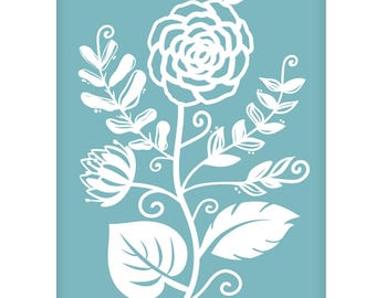 Folksy floral silk screen stencil, 5.5x7.7" boho flower print, reusable self-adhesive stencil for etched glass designs, fabric, signs