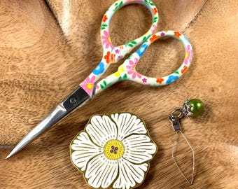 Floral theme needlework tool set, 3.75" embroidery scissors, needle minder, and needle threader, craft gift for flower lover, Mother's Day