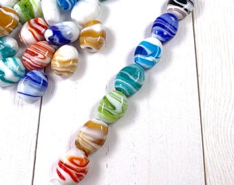 Lampwork glass focal beads, chunky 21mm swirled glass flat oval beads, large statement beads for jewelry crafts, +/-2mm hole beads, 10 pcs